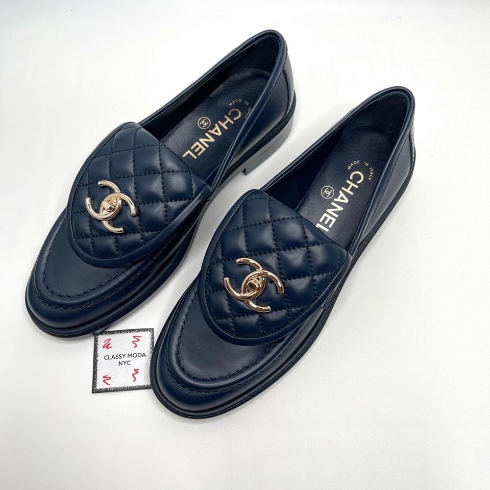 ❌❌ SOLD Chanel NIB 2021 Navy Blue Gold CC Logo Quilted Flap Flats Loafers - Picture 7 of 14